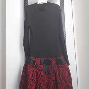 Mock Neck Girl's Dress with Red Zebra Print Skirt